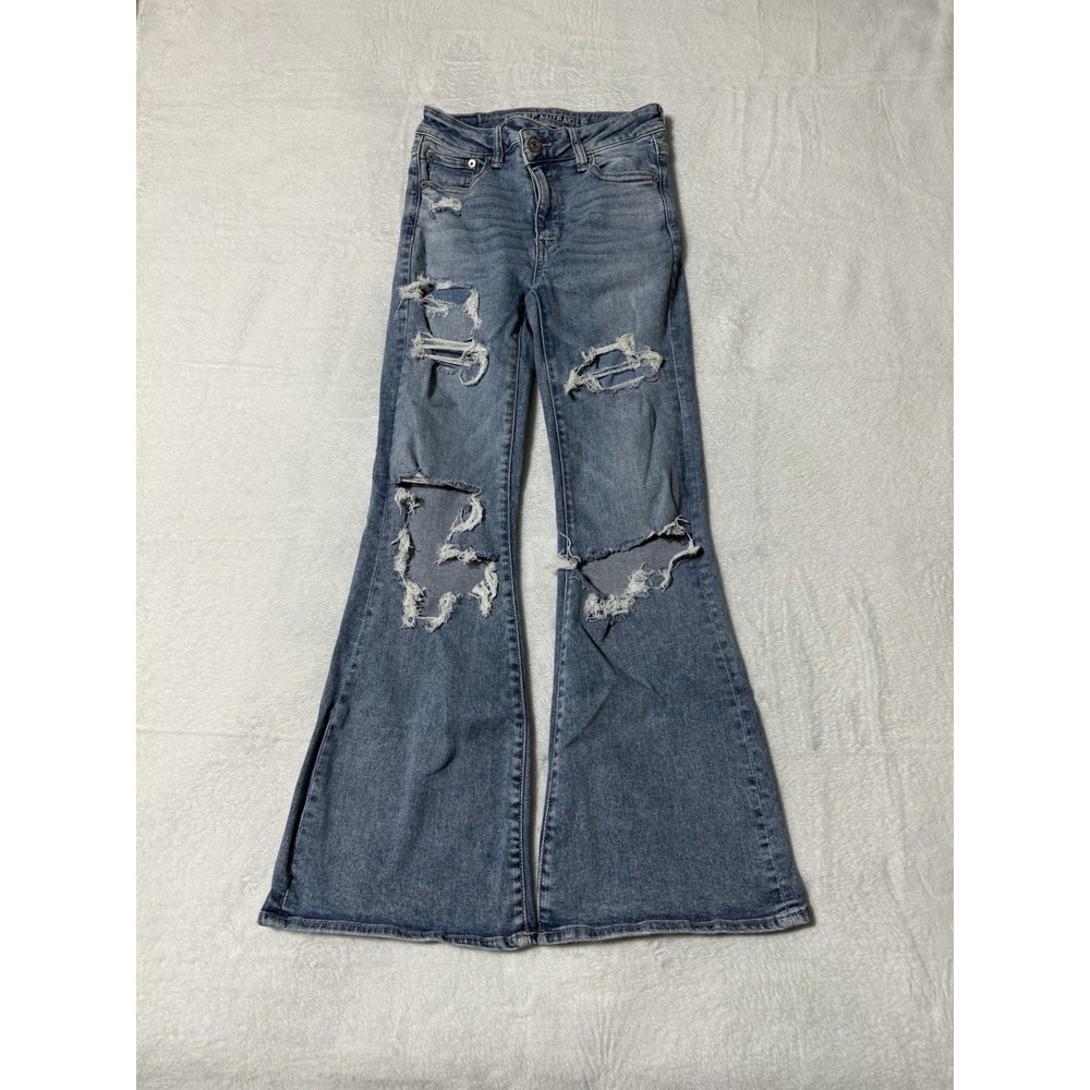 American Eagle Jeans Women's 2 Short Blue Super Hi Rise Flare Denim‎ 24x27
